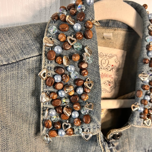 Brighton Womens L Embellished Collar Light Blue Snap Button Denim Jacket Y2K VTG - Picture 10 of 10